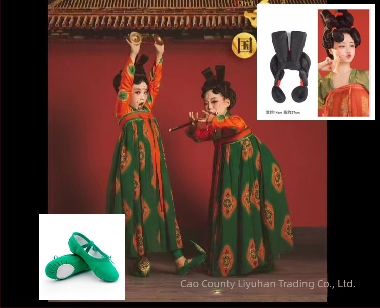 Gyerekeknek szóló táncos jelmez Dunhuang ihletésű, Tang dinasztia Hanfu stílusú előadásra, chiffon anyag, 70–80% poliészter, tavasz–ősz időszakra, 3–8 éveseknek.