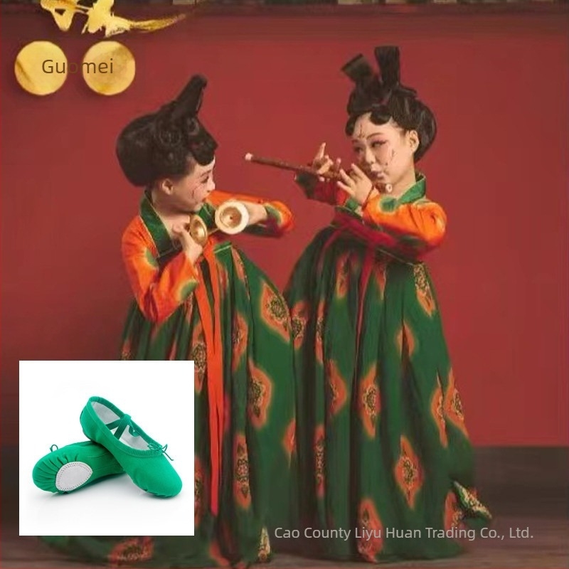 Gyerekeknek szóló táncos jelmez Dunhuang ihletésű, Tang dinasztia Hanfu stílusú előadásra, chiffon anyag, 70–80% poliészter, tavasz–ősz időszakra, 3–8 éveseknek.