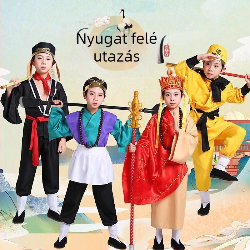 Gyermekeknek készült performanszkostüm a Nyugat felé vezető út ihletésével: Négy karakteres szerep-ruha tánc-/színházi előadáshoz; Fő anyag: nyusziszőr; Brushed anyag; 0–1 éves korig; Nem: semleges; Stílus 31755