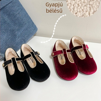 Lányoknak szóló koreai stílusú fekete bársony tánc cipő, fleece belsővel, Velcro zárás, gumitalp
