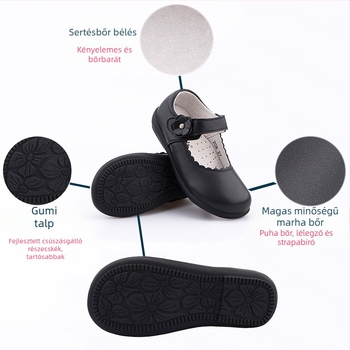Iskolai cipő lányoknak – Velcro-zárás, két rétegű marha bőrből készült felsőrész, természetes bőr talpbetét, gumitalp, egész éves viselet