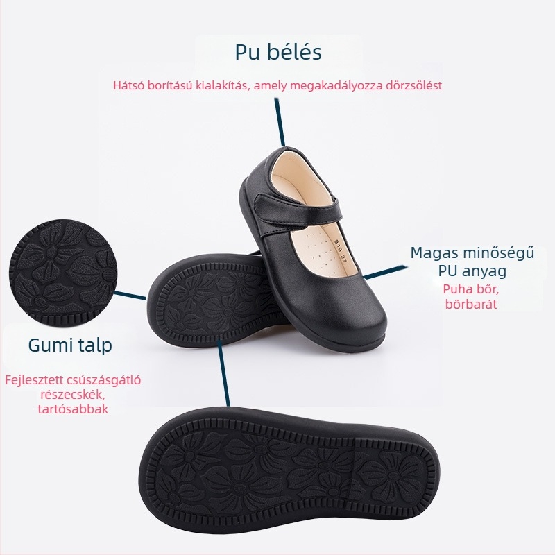 Iskolai cipő lányoknak – Velcro-zárás, két rétegű marha bőrből készült felsőrész, természetes bőr talpbetét, gumitalp, egész éves viselet