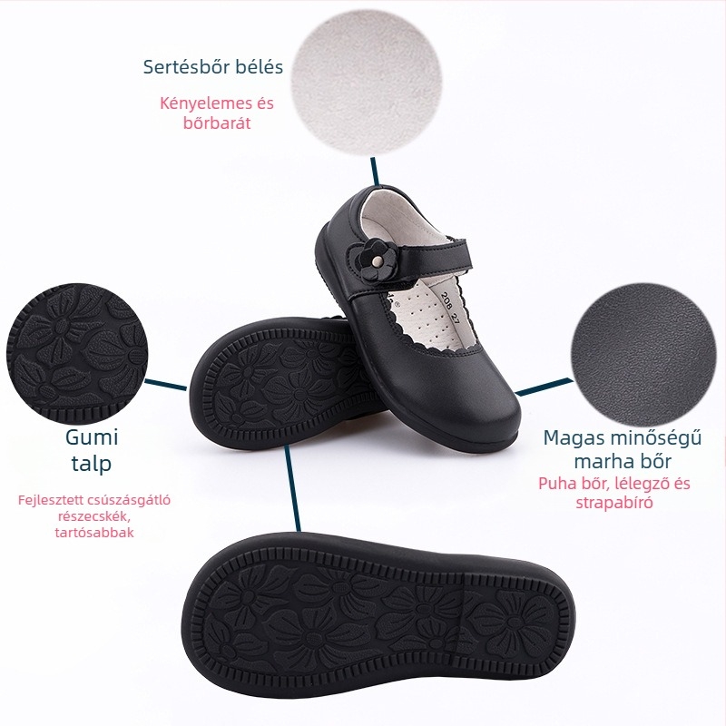 Iskolai cipő lányoknak – Velcro-zárás, két rétegű marha bőrből készült felsőrész, természetes bőr talpbetét, gumitalp, egész éves viselet