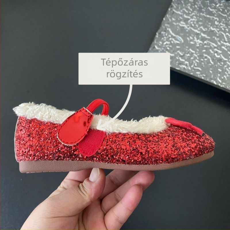 Lányoknak szóló hercegnőcipő, fleece bélés, kristálydísz, mikroszálas felsőrész, Velcro zárás