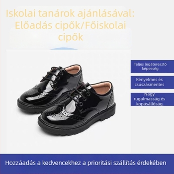 Gyerekeknek készített fekete bőrcipő puha talppal, Velcro-zár, alacsony felsőrész, brit stílusú iskola- és előadásra
