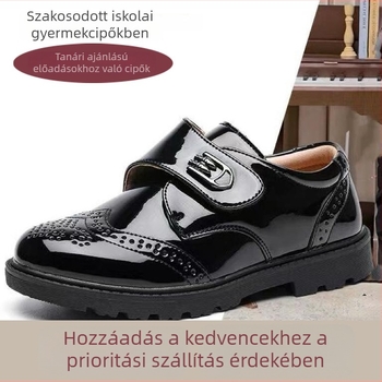 Gyerekeknek készített fekete bőrcipő puha talppal, Velcro-zár, alacsony felsőrész, brit stílusú iskola- és előadásra