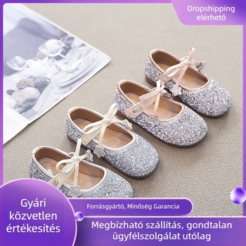 Hercegnő cipő lányoknak flitterekkel és masnival – PU felsőrész, Velcro zárás, alacsony profil, gumírozott talp, belső rész műbőr