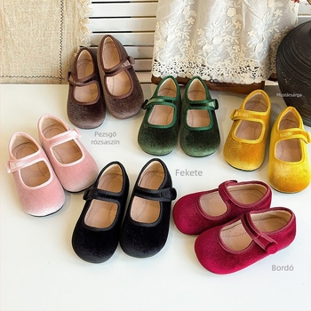 Koreai-stílusú gyerek bársonycipő, piros hercegnői loaferok Velcro-zárral