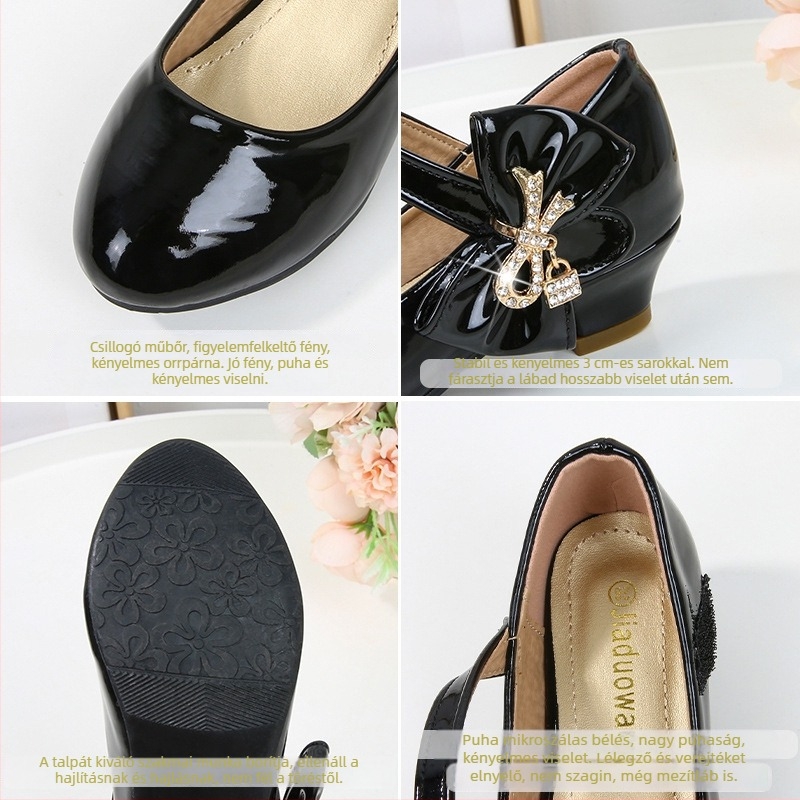 Lányoknak készült magas sarkú cipő Velcro zárással, hercegnő-stílus (Felsőrész: mikroszálas; Zárás: Velcro; Talp: gumi; Belső: műbőr; Talpbetét: PU)