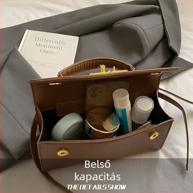 PU anyagú kis négyszögletes válltáska, vízszintes formájú, zárófedél, belső dokumentumtartó rekesz, egy vállpánt
