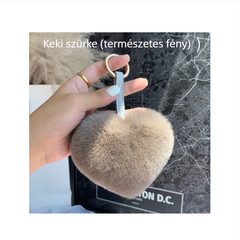 Rex nyuszi szőrből készült kulcstartó – szív alakú táska függő, kézzel készített, Ins stílus, minta: Szerelem / vízcseppek / harangok, Pengda