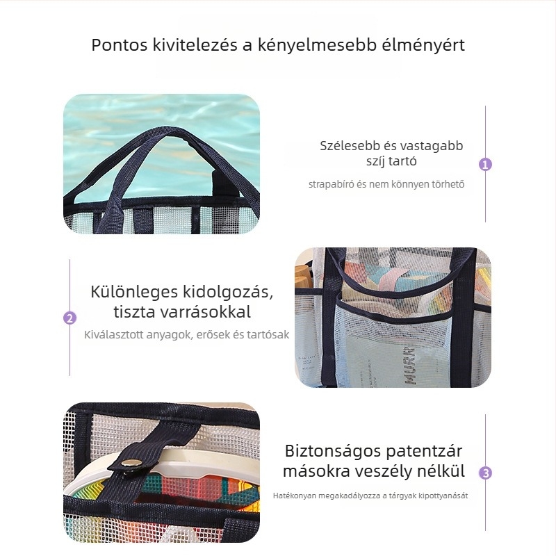 Úszótáska nagy kapacitású, több rekesz, kézben tartható, összecsukható, hálós leeresztő nyílású