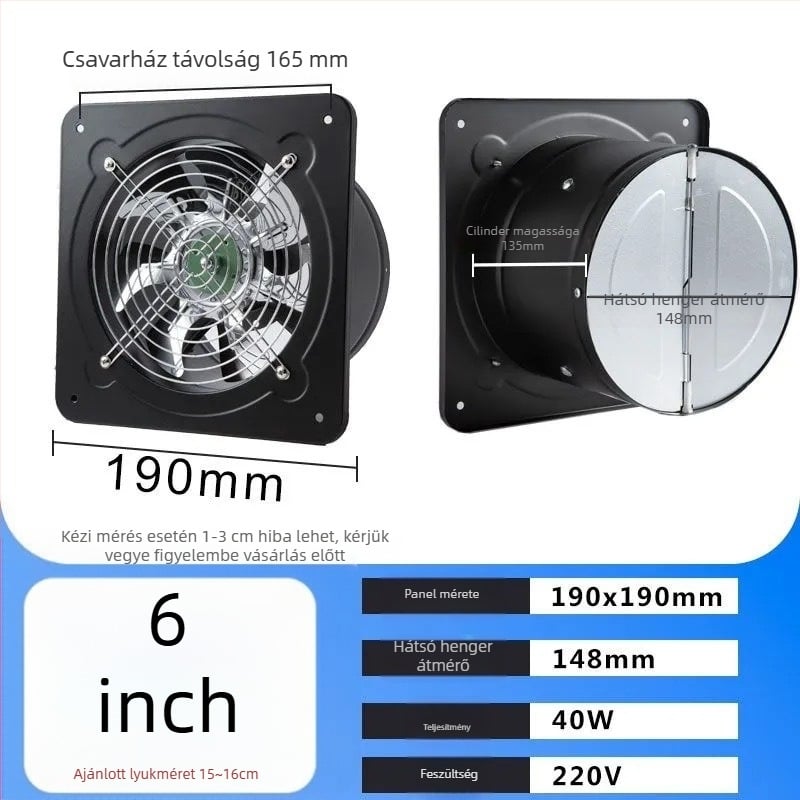 Konyhai teljes‑fém kipufogóventilátor — erőteljes kivitel, falra szerelhető, vas ház, 220V, 60W, 50Hz, mechanikus vezérlés, energiahatékonysági szintje 3
