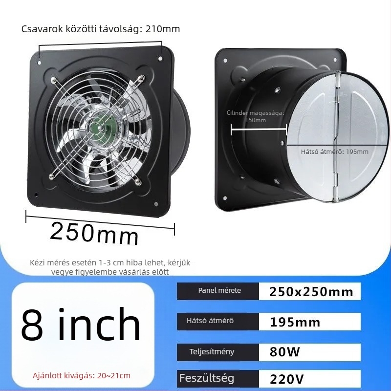 Konyhai teljes‑fém kipufogóventilátor — erőteljes kivitel, falra szerelhető, vas ház, 220V, 60W, 50Hz, mechanikus vezérlés, energiahatékonysági szintje 3