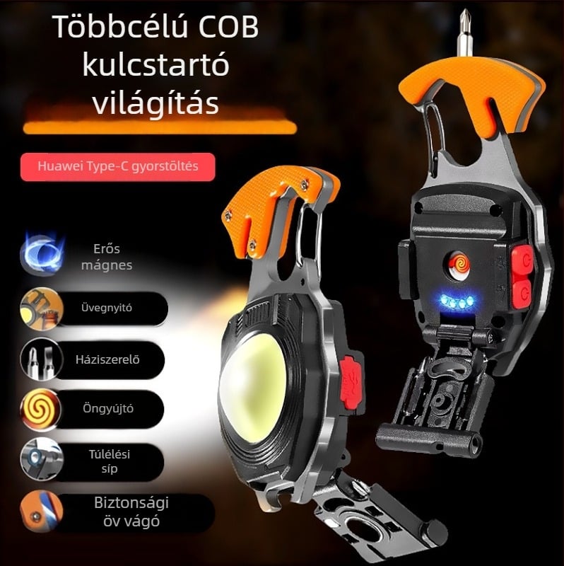 Alumínium ötvözet kulcstartó zseblámpa COB LED-del, 300 mAh akkumulátor, újratölthető, kézi energiatermelés, kompakt kialakítás