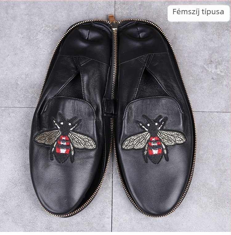 Férfi bőrből készült slip-on mokasziny, légáteresztő, gumitalp, kerek orrú