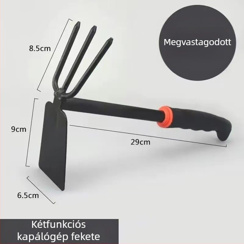 Kerti eszköz: kettős funkciójú gereblye, kapával és lapáttal a virágok, fák és zöldségek ültetéséhez