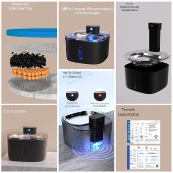 Macska vízforrás automatikus körforgással, modell A01sp, kapacitás 3,2 L, 4000 mAh akkumulátor, szétszedhető, alkalmazástartás nélkül
