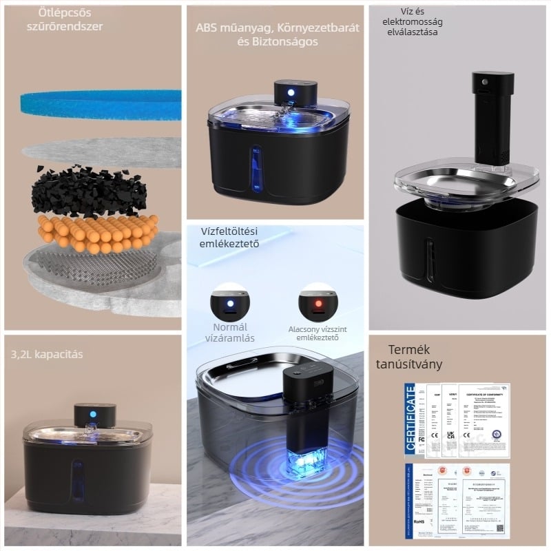 Macska vízforrás automatikus körforgással, modell A01sp, kapacitás 3,2 L, 4000 mAh akkumulátor, szétszedhető, alkalmazástartás nélkül