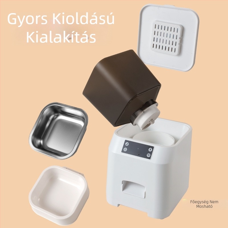 Intelligens automata etető macskáknak és kutyáknak időzített adagokkal és távoli vizuális megfigyeléssel
