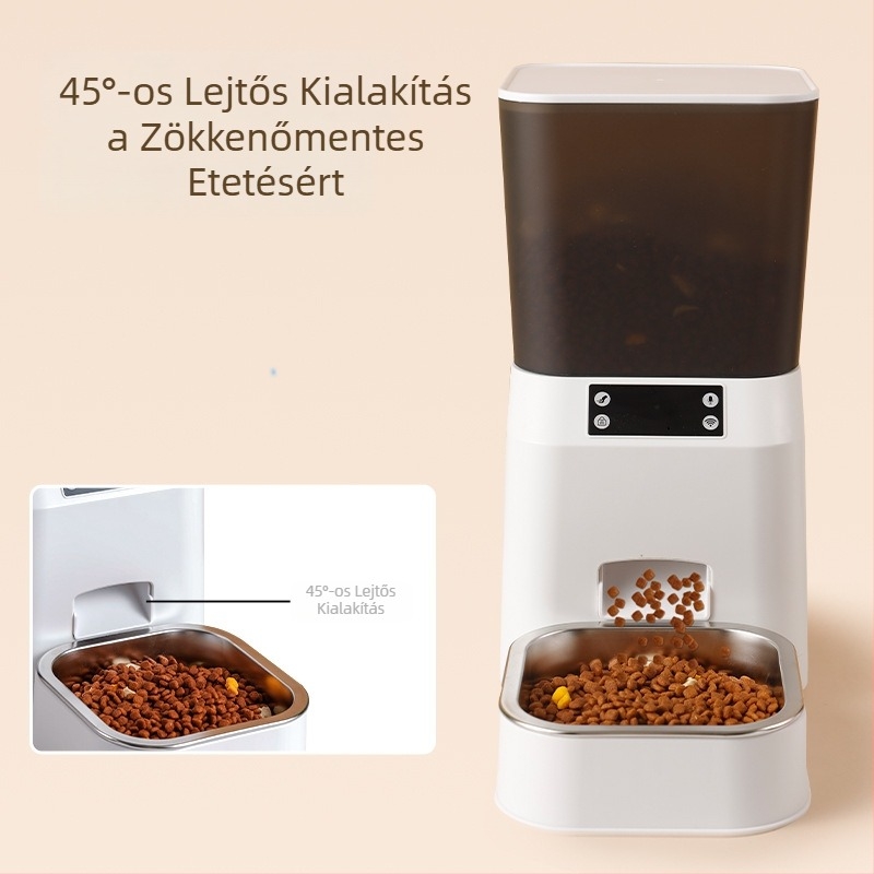 Intelligens automata etető macskáknak és kutyáknak időzített adagokkal és távoli vizuális megfigyeléssel