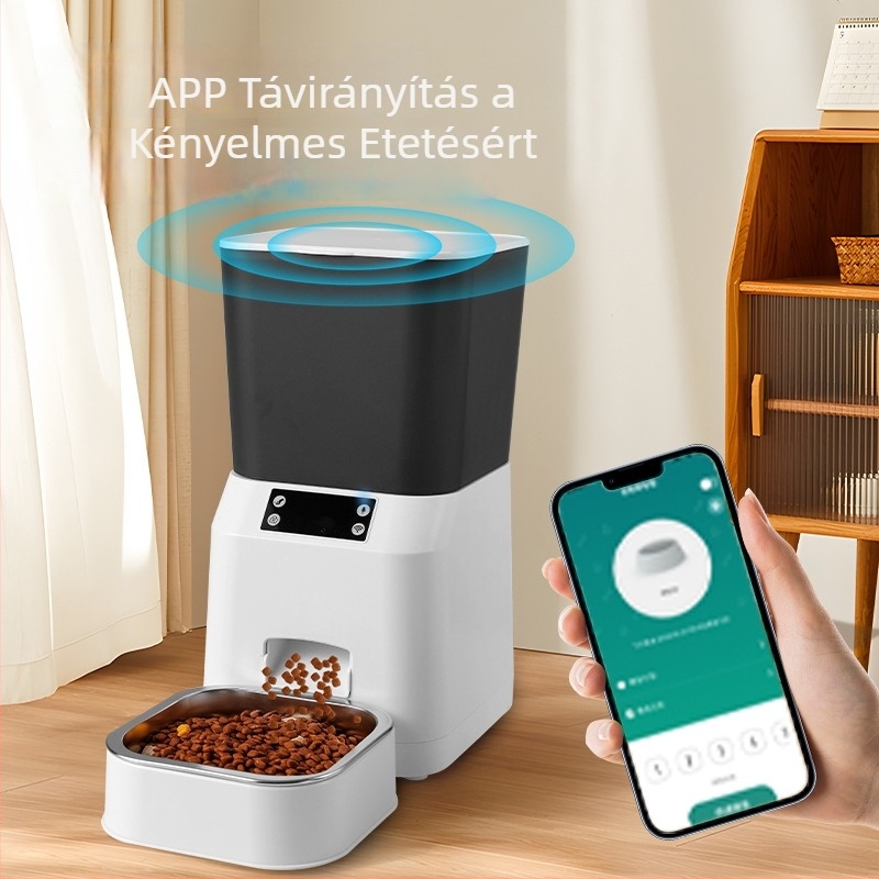 Intelligens automata etető macskáknak és kutyáknak időzített adagokkal és távoli vizuális megfigyeléssel