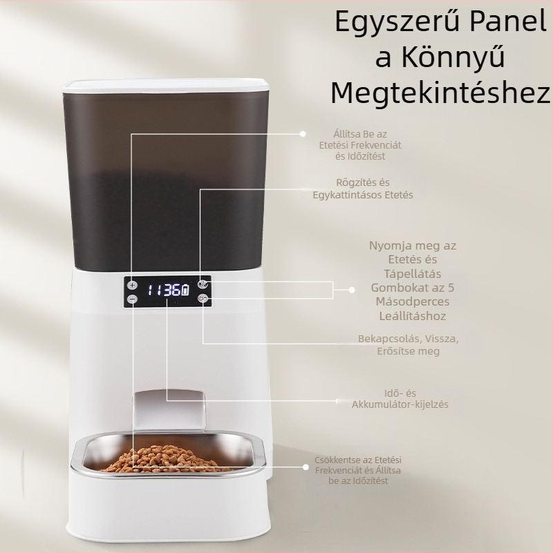 Intelligens automata etető macskáknak és kutyáknak időzített adagokkal és távoli vizuális megfigyeléssel