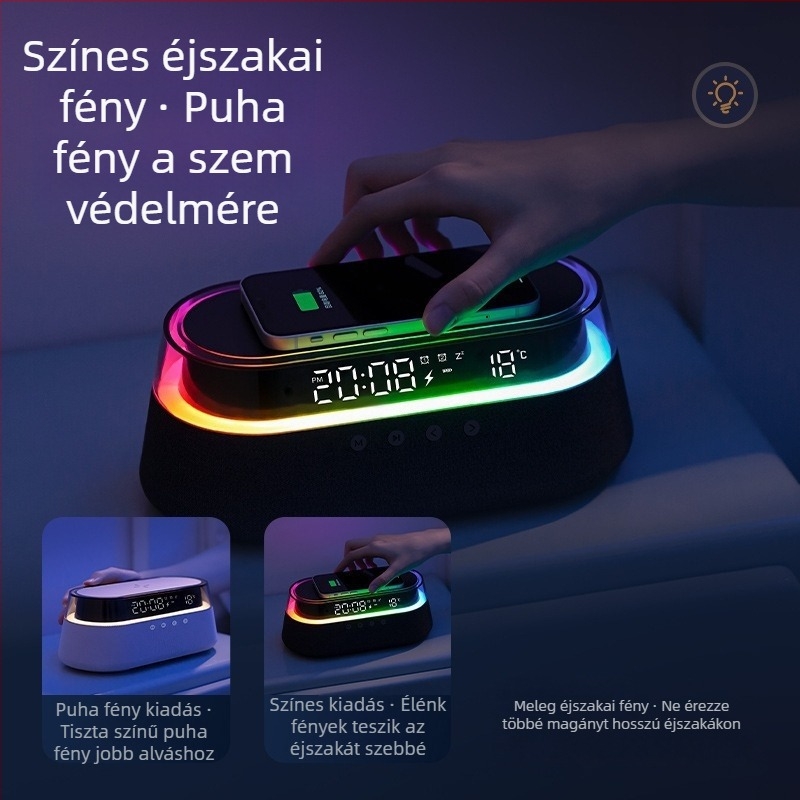 Vezeték nélküli Bluetooth hangszóró ébresztőórával és világítással – 2 hangszóró, Bluetooth 5.0, 10W, 100Hz-20kHz, SNR ≥70dB, Beépített 1000–1200 mAh akkumulátor