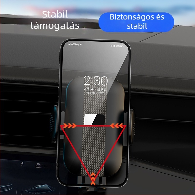Univerzális autós telefontartó légkivezetéshez, 360° forgás, teleszkópos kar, snap-on felhelyezés, navigációs támogatás