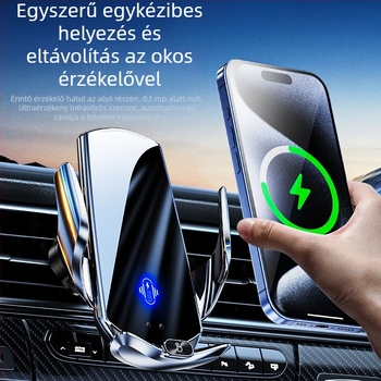 Autós vezeték nélküli töltésű telefon-tartó, légcsatornás rögzítés, mágneses rögzítés, elektromos zárás, 15W, navigációs eszközök támogatása