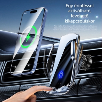 Autós vezeték nélküli töltésű telefon-tartó, légcsatornás rögzítés, mágneses rögzítés, elektromos zárás, 15W, navigációs eszközök támogatása