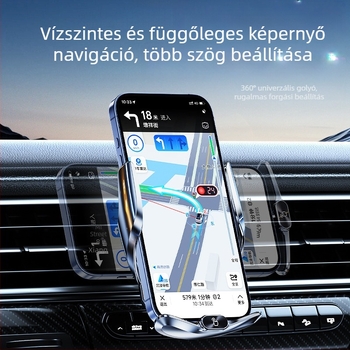 Autós vezeték nélküli töltésű telefon-tartó, légcsatornás rögzítés, mágneses rögzítés, elektromos zárás, 15W, navigációs eszközök támogatása