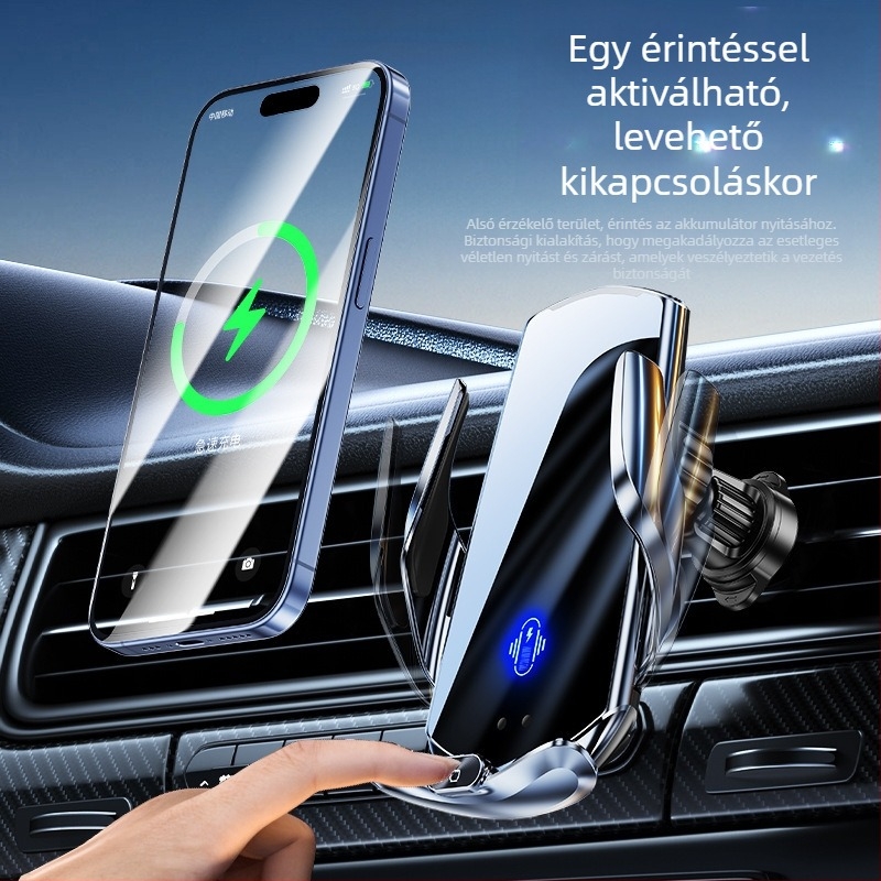 Autós vezeték nélküli töltésű telefon-tartó, légcsatornás rögzítés, mágneses rögzítés, elektromos zárás, 15W, navigációs eszközök támogatása