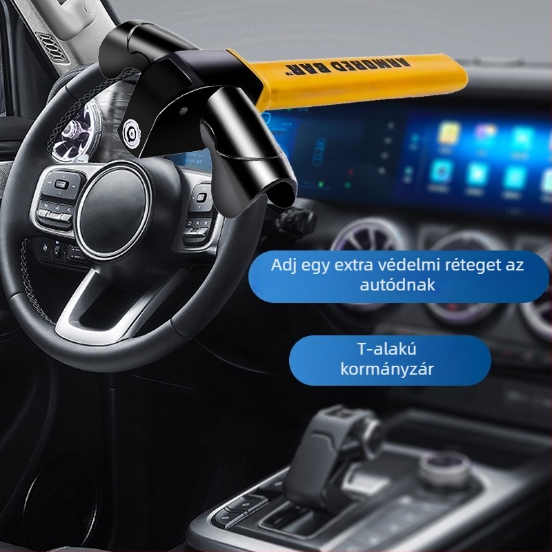 Autó kormánykerék zár, T-alakú, fémből, modell BY-1565, univerzális járműtípushoz, zárhenger plum