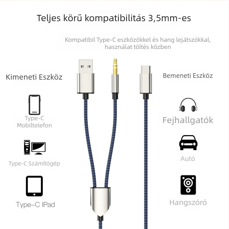 Neutral Type-C audió töltőkábel, USB + 3,5 mm autó AUX, mag: tin-plated réz, vezető: oxigénmentes réz, nikkel bevonat