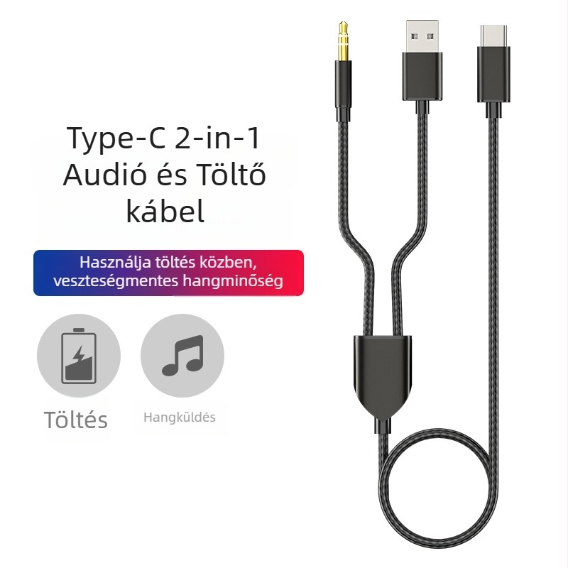 Neutral Type-C audió töltőkábel, USB + 3,5 mm autó AUX, mag: tin-plated réz, vezető: oxigénmentes réz, nikkel bevonat