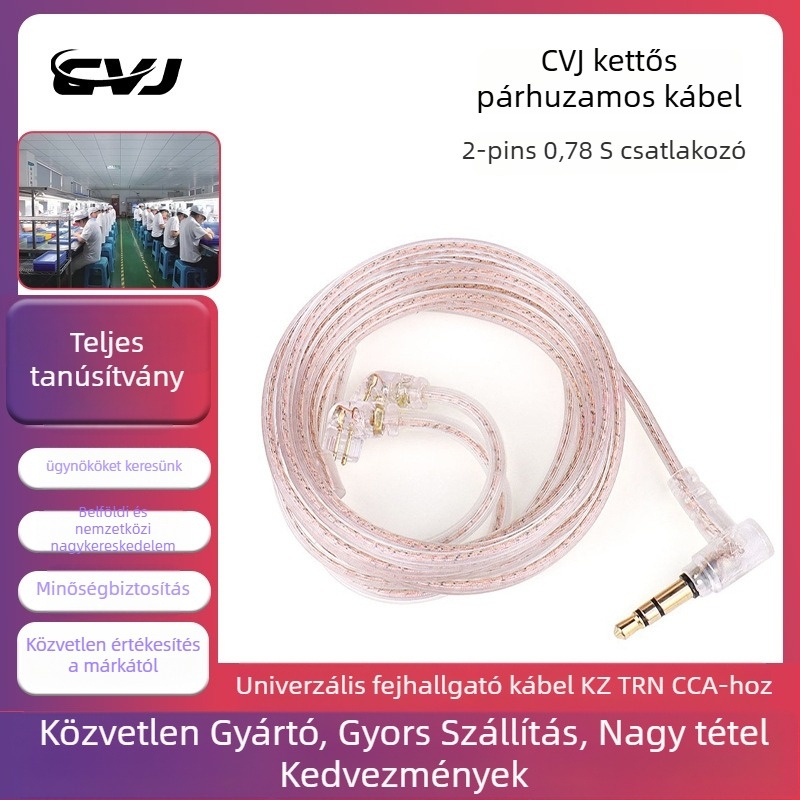 CVJ eredeti kettős párhuzamos 2-pin 0,78 mm S-pin audio kábel, 1.2 m, rézmag, oxigénmentes réz vezető, nikkelezett