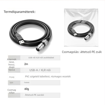 XLR-USB audiókábel – 2 m, réz vezetőmag, nikkelezett csatlakozók, XLR-USB interfész, ROHS tanúsított