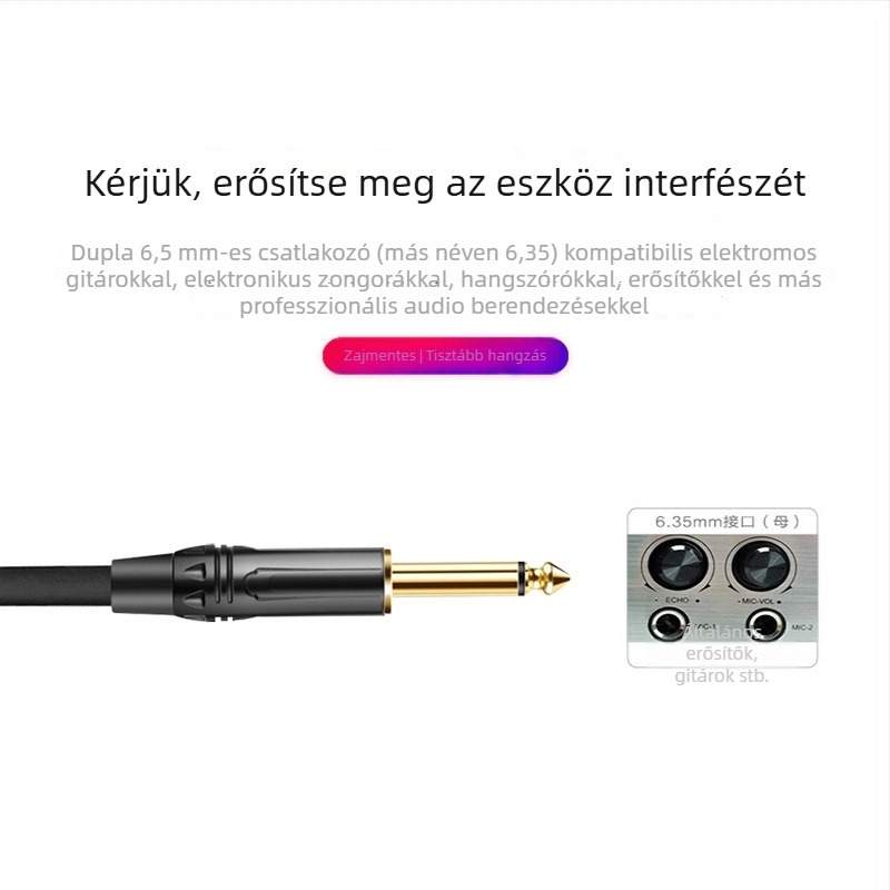 2-szálú 6,5 mm-es audió-kábel, férfi-férfi, erősítő és gitár számára, aranyozott csatlakozókkal
