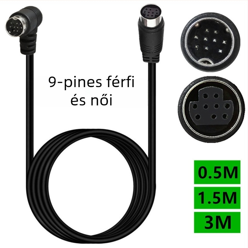 Adapter kábel 90° hajlítással, 9‑pin mini‑DIN férfi‑női, S‑Video audió/videó, 9‑szálas rézvezető, modell YR-SV9-B1