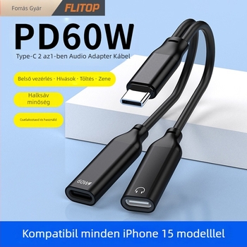 PD60W Kettős Type-C Audio Adapter 1–2 Digitális Fejhallgató Kimenethez, Aranyozott, CE tanúsítvány