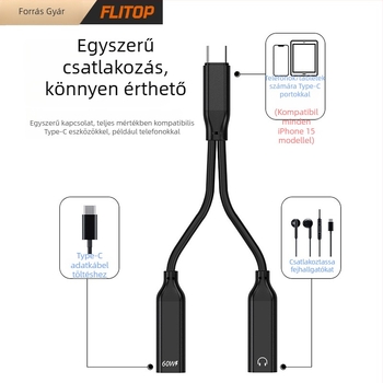 PD60W Kettős Type-C Audio Adapter 1–2 Digitális Fejhallgató Kimenethez, Aranyozott, CE tanúsítvány