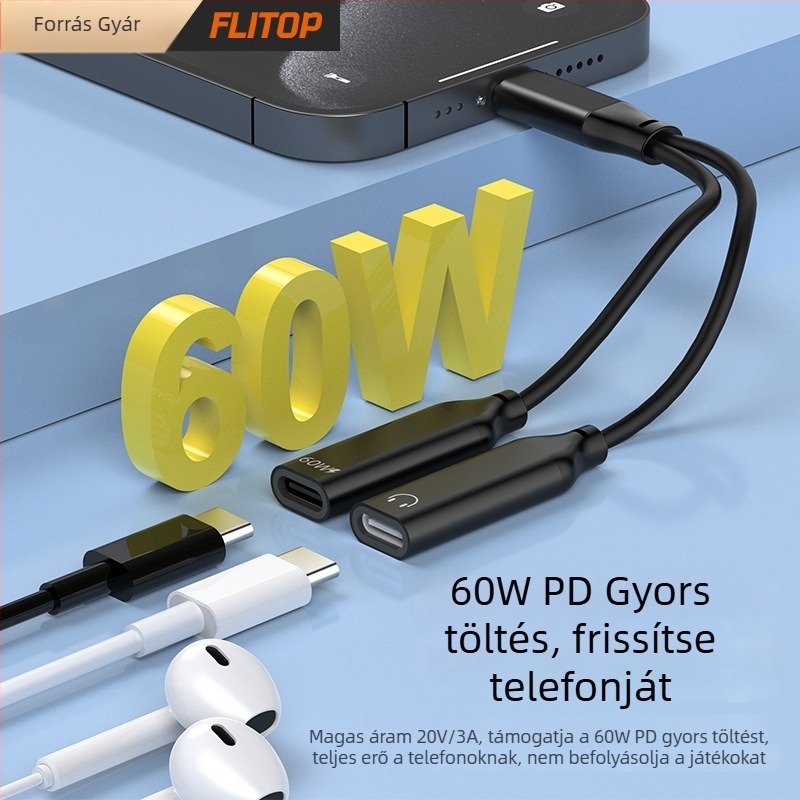 PD60W Kettős Type-C Audio Adapter 1–2 Digitális Fejhallgató Kimenethez, Aranyozott, CE tanúsítvány