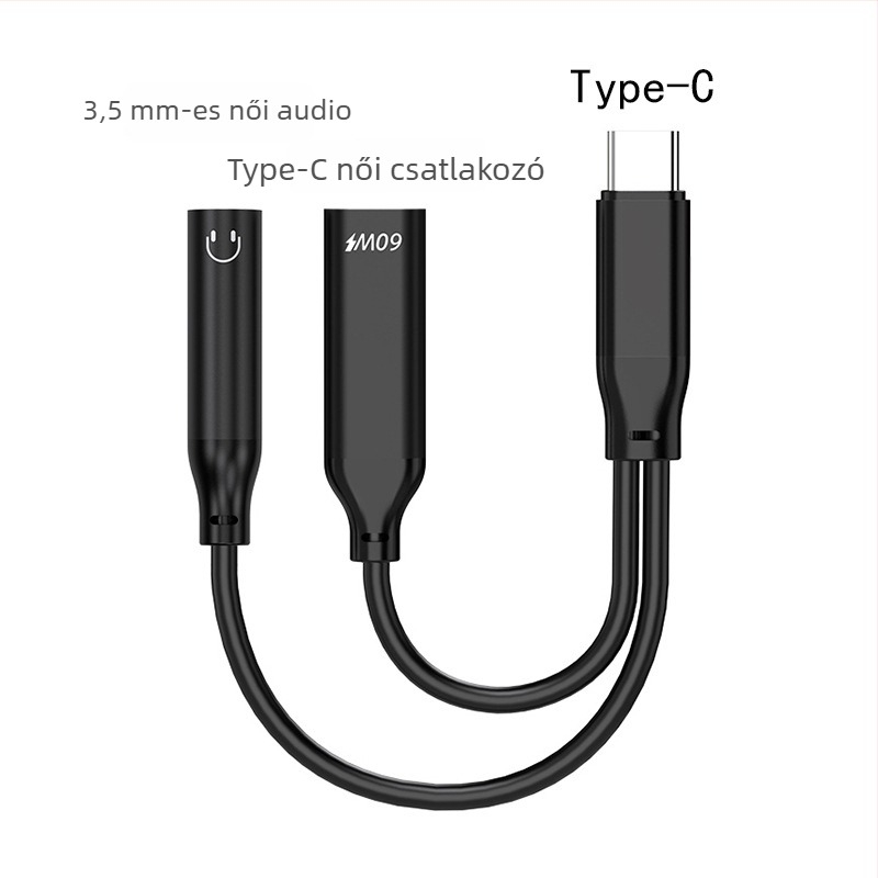 PD60W Kettős Type-C Audio Adapter 1–2 Digitális Fejhallgató Kimenethez, Aranyozott, CE tanúsítvány