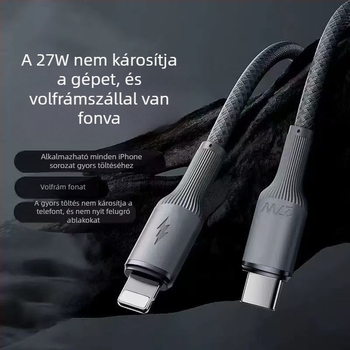 Apple-kompatibil PD gyors töltésű kábel, fonott kialakítású, Lightning és USB-C csatlakozókkal, 1–2 m, wolfrám ötvözet maggal, autós töltőkábel