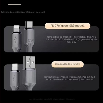 Apple-kompatibil PD gyors töltésű kábel, fonott kialakítású, Lightning és USB-C csatlakozókkal, 1–2 m, wolfrám ötvözet maggal, autós töltőkábel