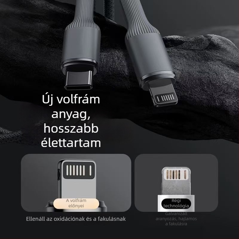 Apple-kompatibil PD gyors töltésű kábel, fonott kialakítású, Lightning és USB-C csatlakozókkal, 1–2 m, wolfrám ötvözet maggal, autós töltőkábel