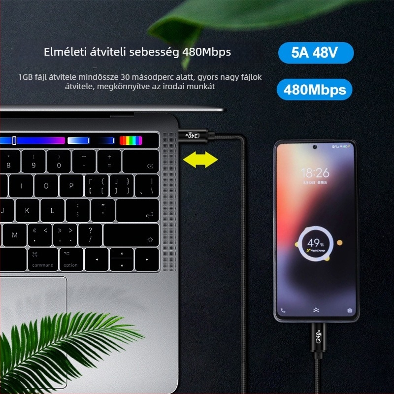 USB-C 240W PD3.1 gyors töltőkábel, 1–2 m, alumíniumötvözet + fonott szerkezet
