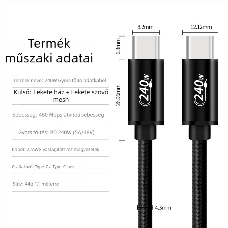 USB-C 240W PD3.1 gyors töltőkábel, 1–2 m, alumíniumötvözet + fonott szerkezet