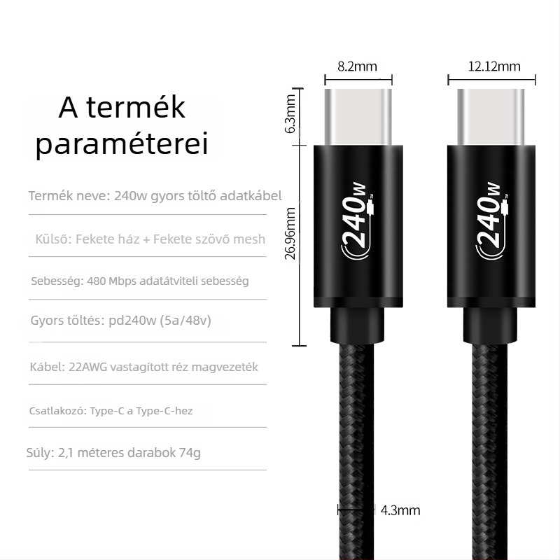 USB-C 240W PD3.1 gyors töltőkábel, 1–2 m, alumíniumötvözet + fonott szerkezet
